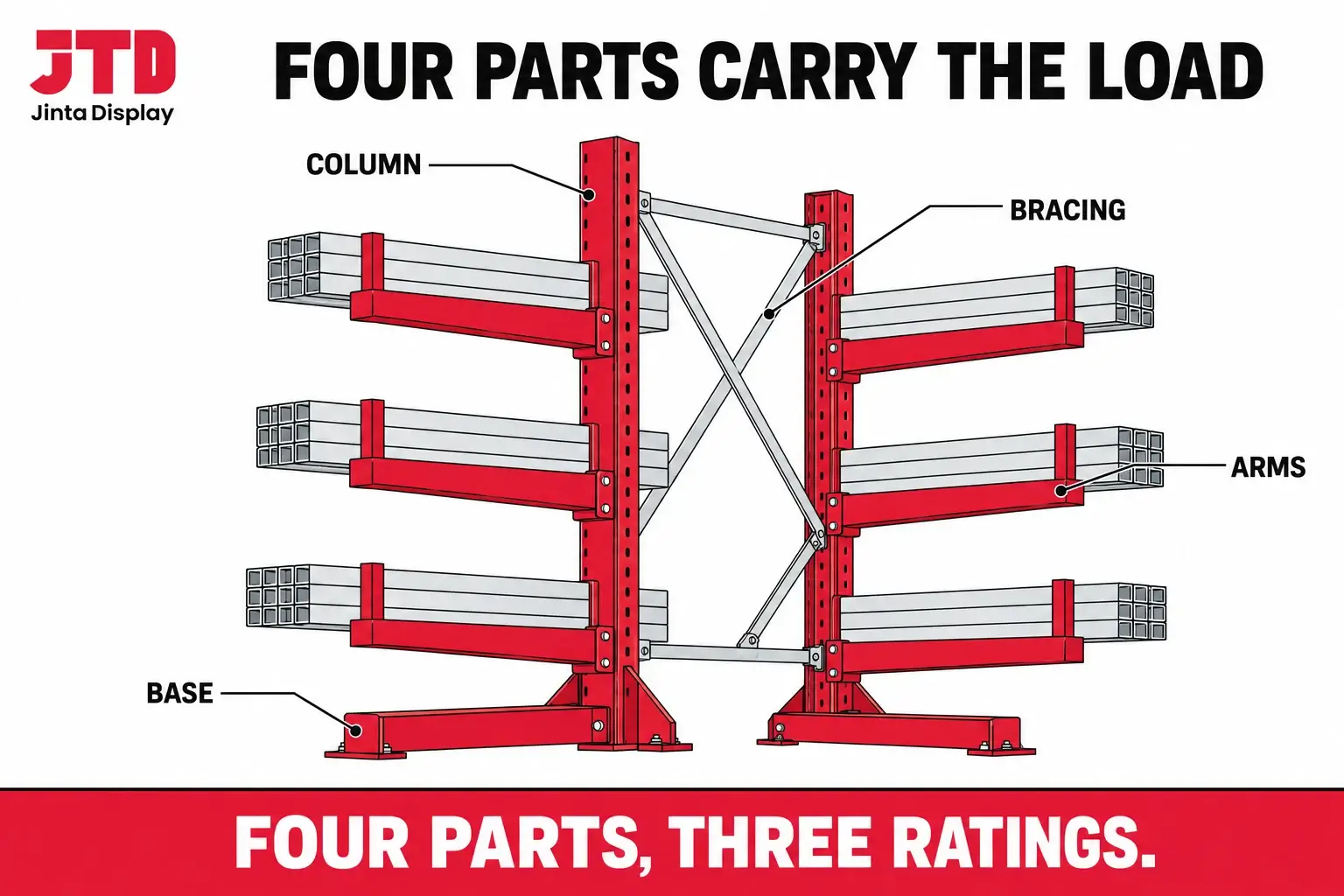 Diagram of a double sided cantilever rack showing the base, the column, the arms and the bracing that tie the columns into a run