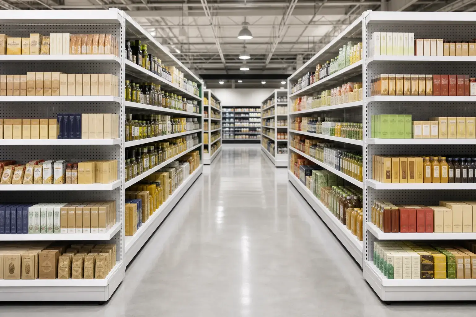 Double sided gondola shelving island run in a supermarket aisle with five shelf tiers on each face and a deeper base deck at floor level
