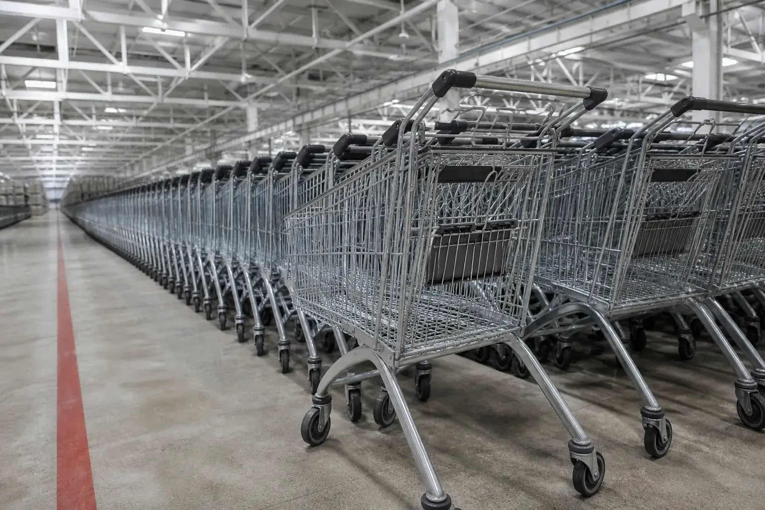 Rows of nested metal shopping carts staged for container loading at the JinTa factory
