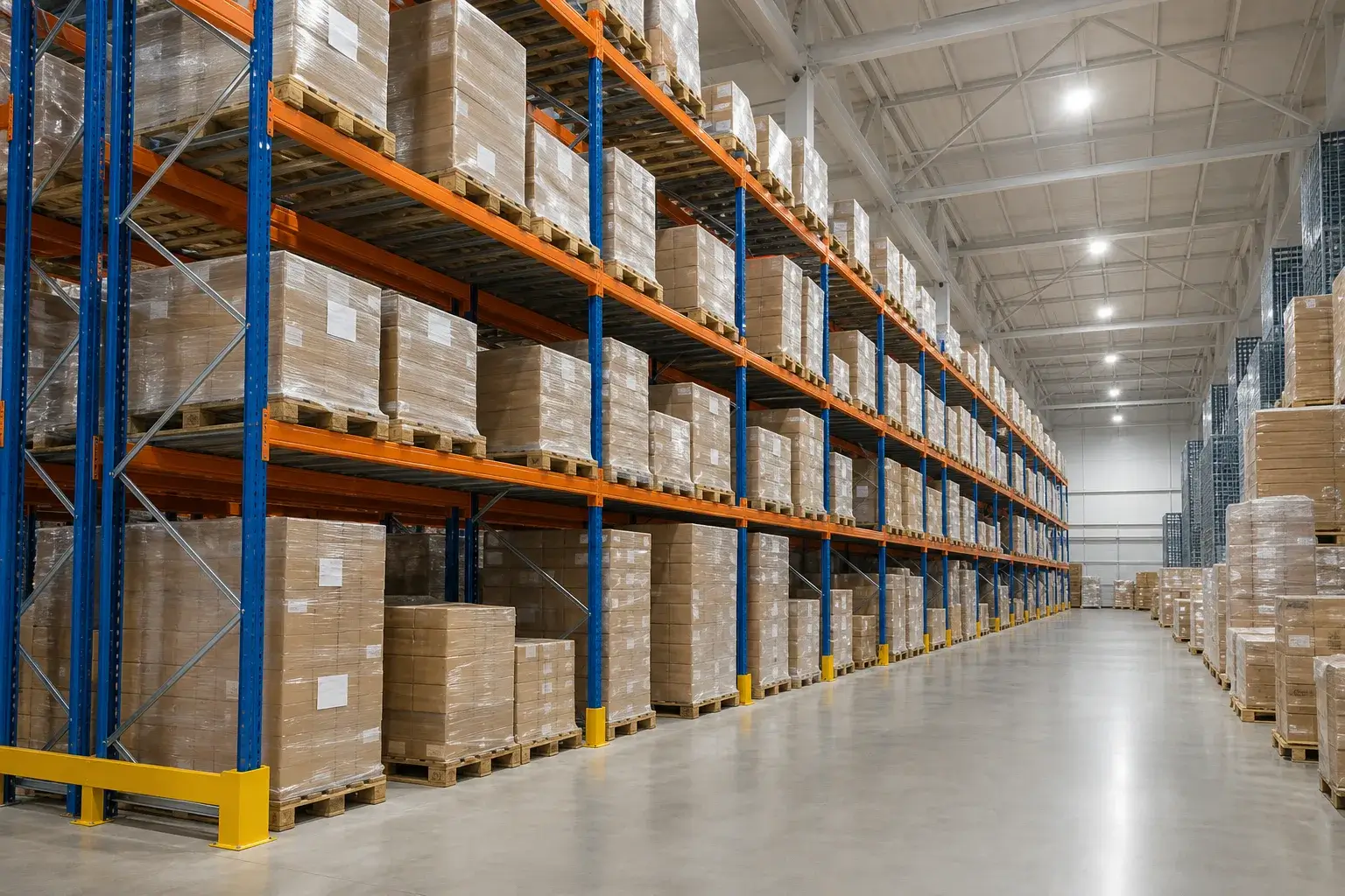 Selective pallet racking bays loaded with pallets in a distribution warehouse showing beam levels and upright frames
