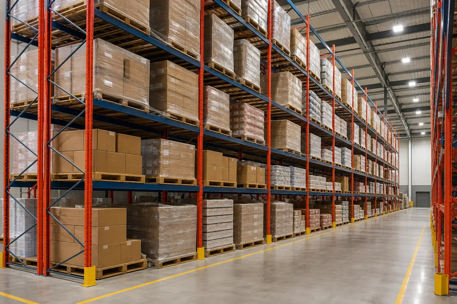 Selective pallet racking run in a distribution warehouse showing upright frames beam levels and pallet positions