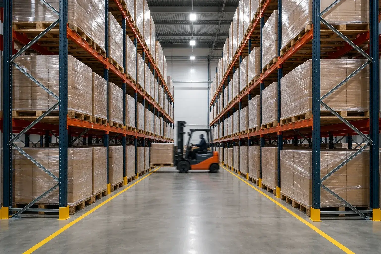 Selective pallet racking aisle in a warehouse with pallets on adjustable beam levels and a forklift working the run
