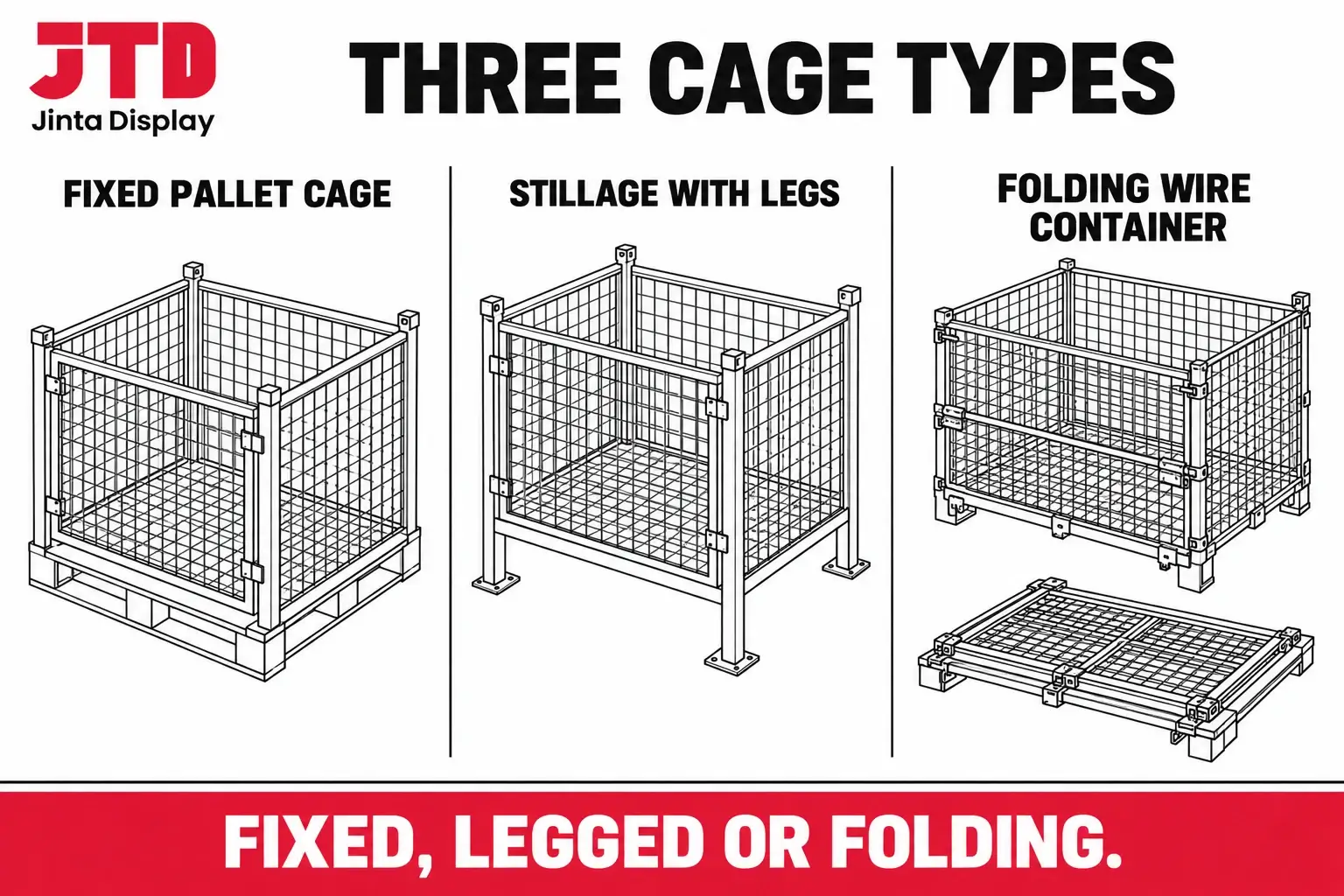 Drawing of three container types, a fixed pallet cage, a stillage cage with legs and a folding wire container shown open and folded flat