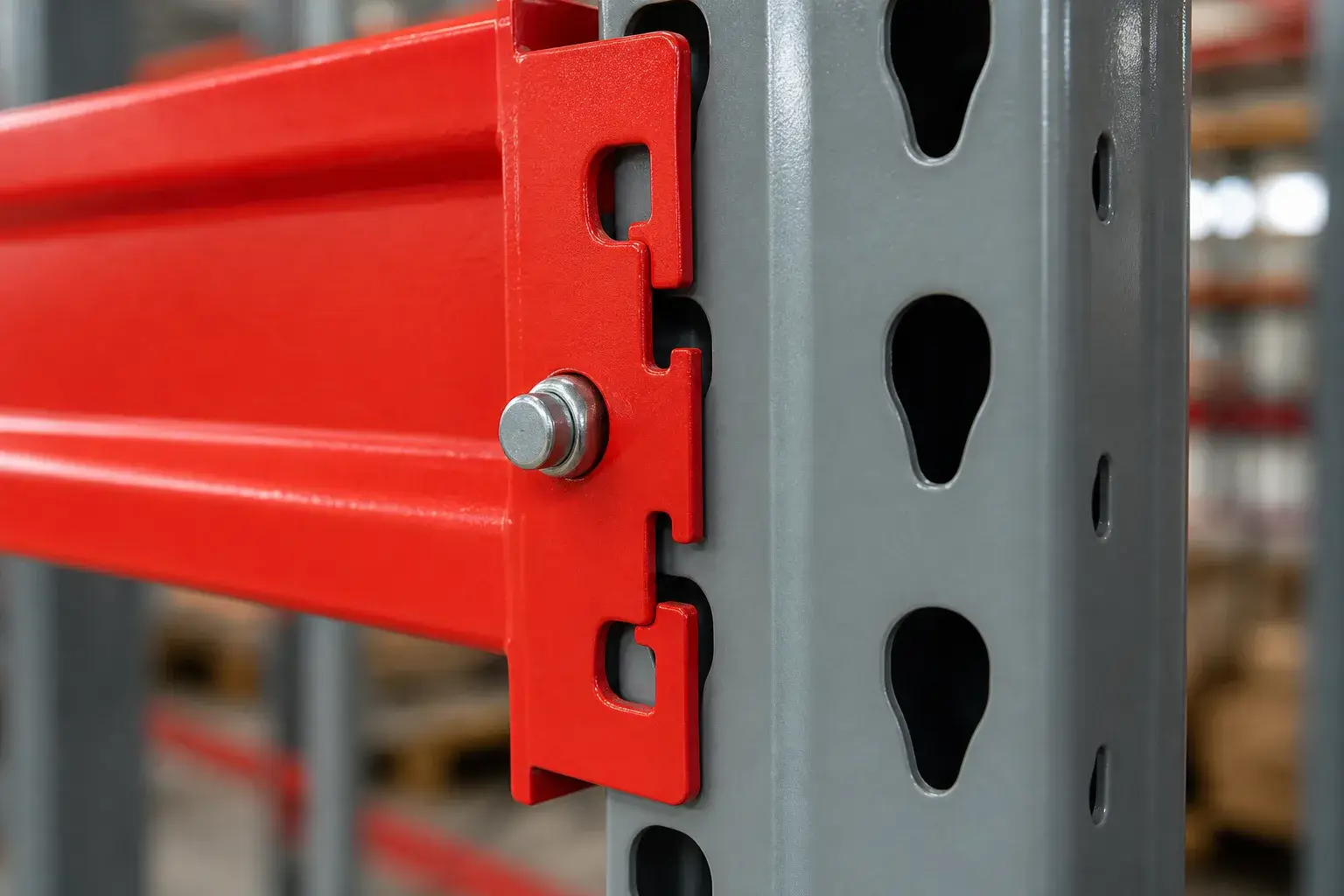 Close-up of a teardrop beam end connector with safety pin engaged into the upright column of a pallet rack