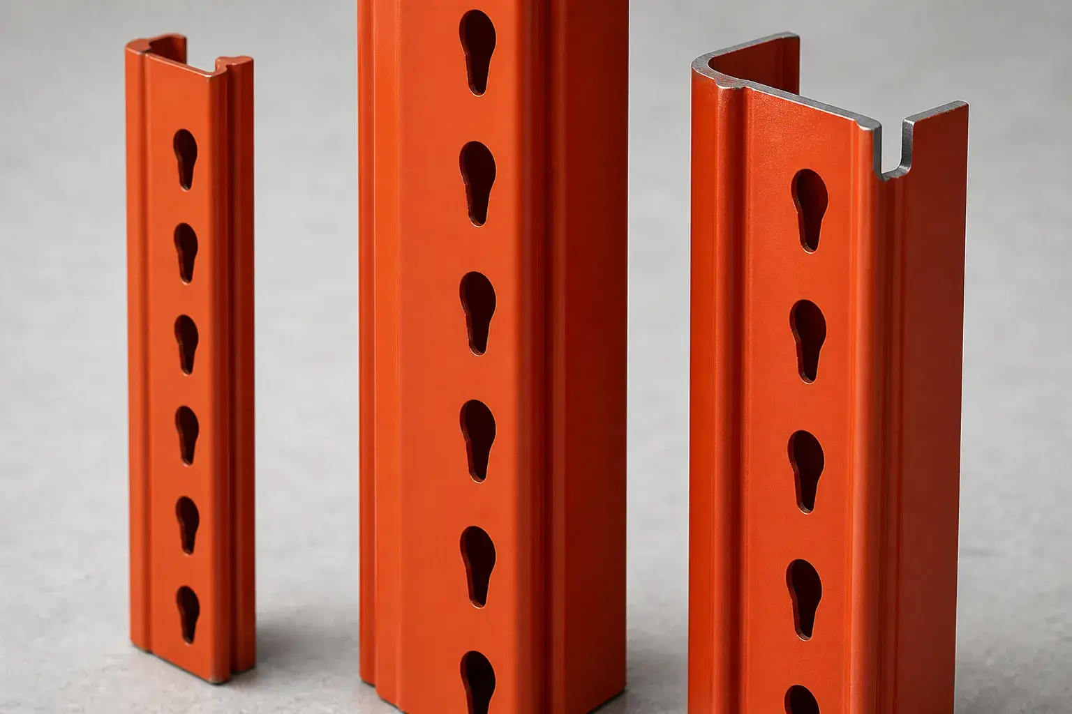 Close up of roll formed pallet rack upright columns showing slotted teardrop holes profile depth and steel gauge
