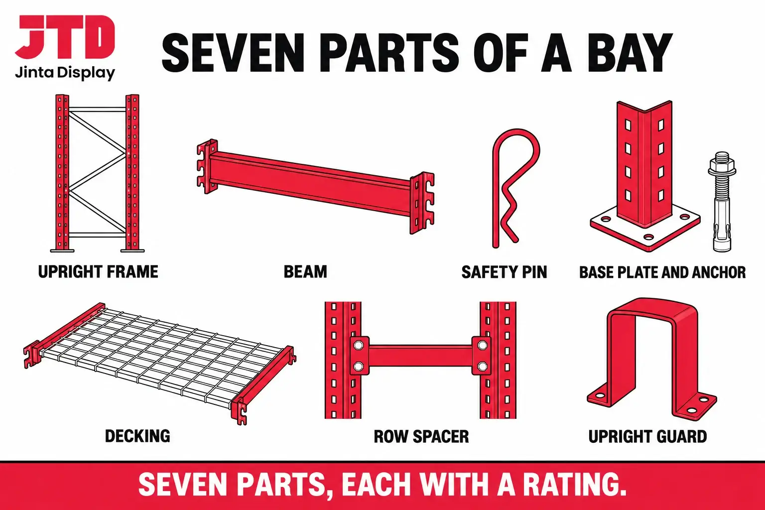 Labelled diagram of pallet racking parts including upright frame, beam, safety pin, base plate, decking and row spacer