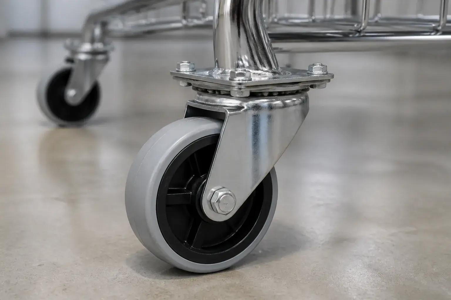 Close-up of polyurethane swivel caster and mounting plate on a supermarket shopping trolley