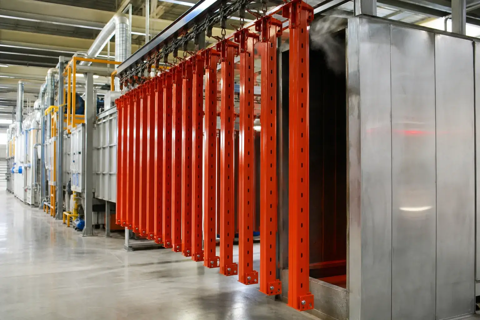Pallet rack uprights hanging on an overhead conveyor entering the curing oven on a powder coating line