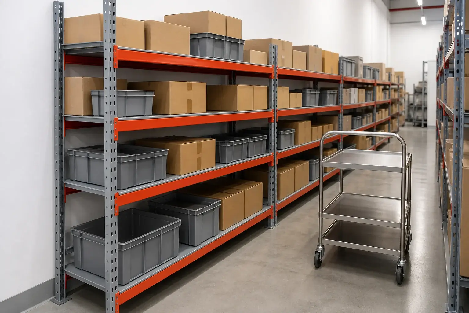 Long span medium duty shelving bays 600 mm deep holding cartons and totes for hand picking in a narrow warehouse aisle
