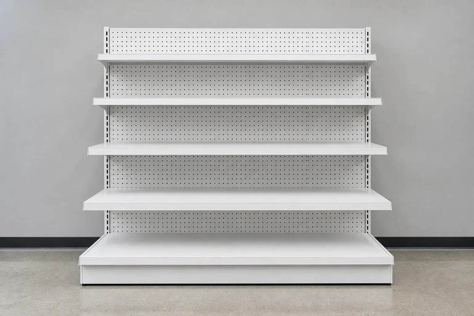Single sided gondola shelving wall bay showing a stepped shelf profile with a deep base deck at floor level and progressively shallower shelves above
