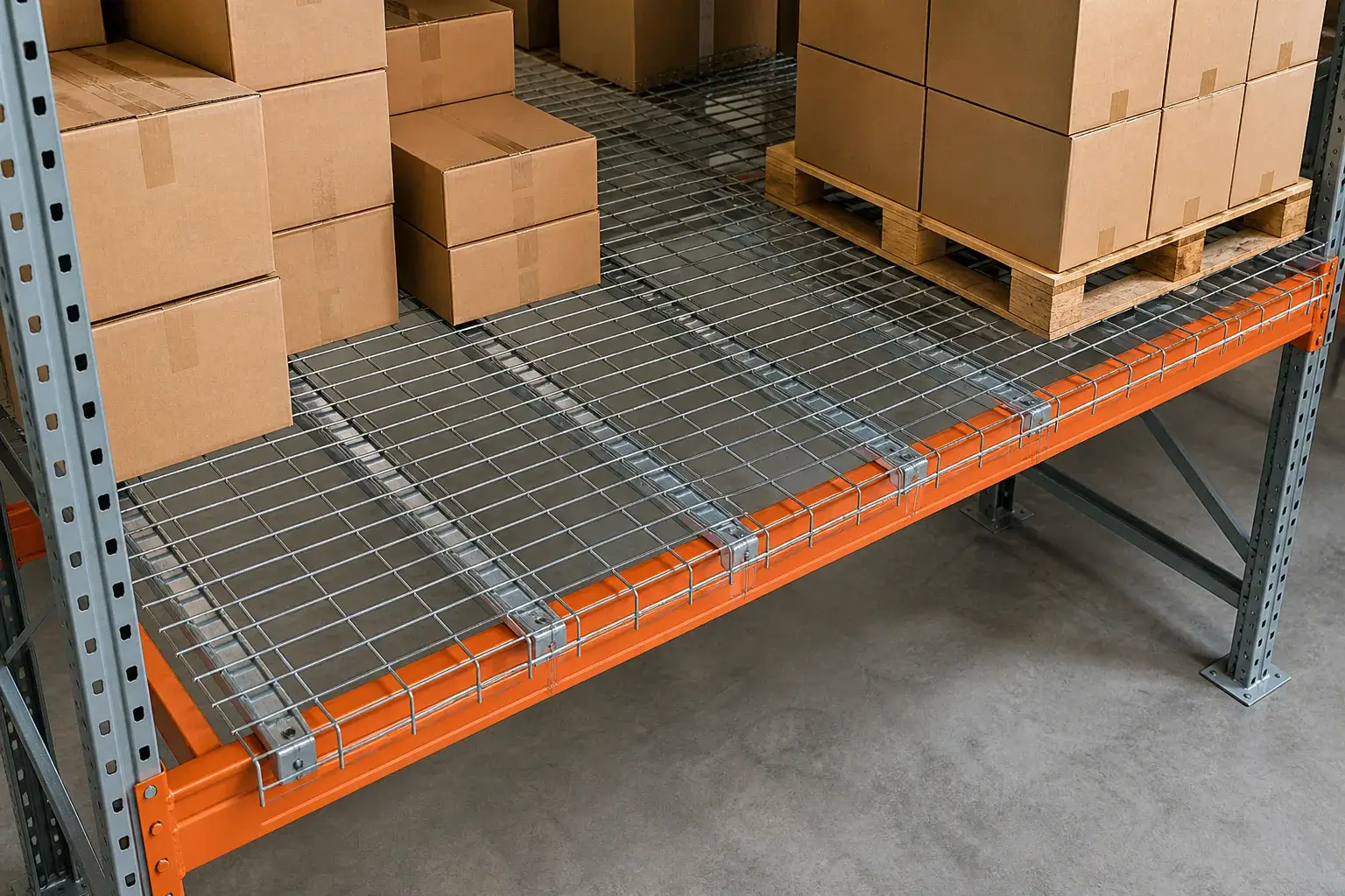 Welded wire mesh decking installed across pallet rack beams carrying cartons and a wooden pallet load