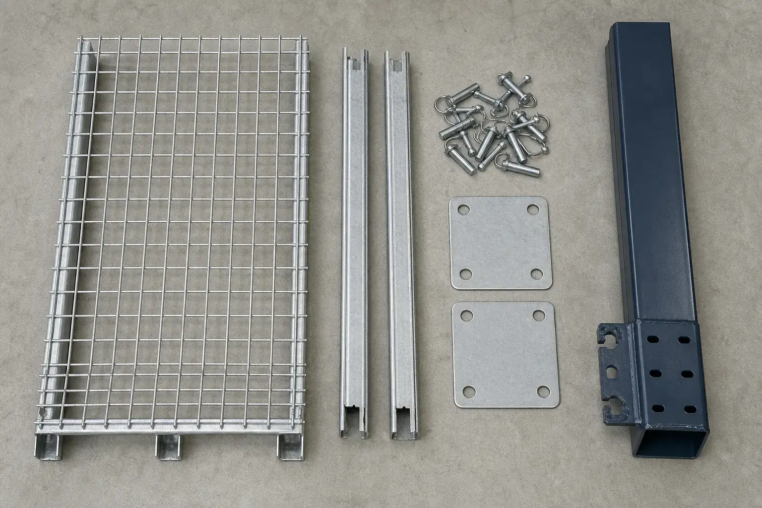Wire mesh decking pallet support bars beam safety pins baseplates and a box beam laid out as pallet racking components