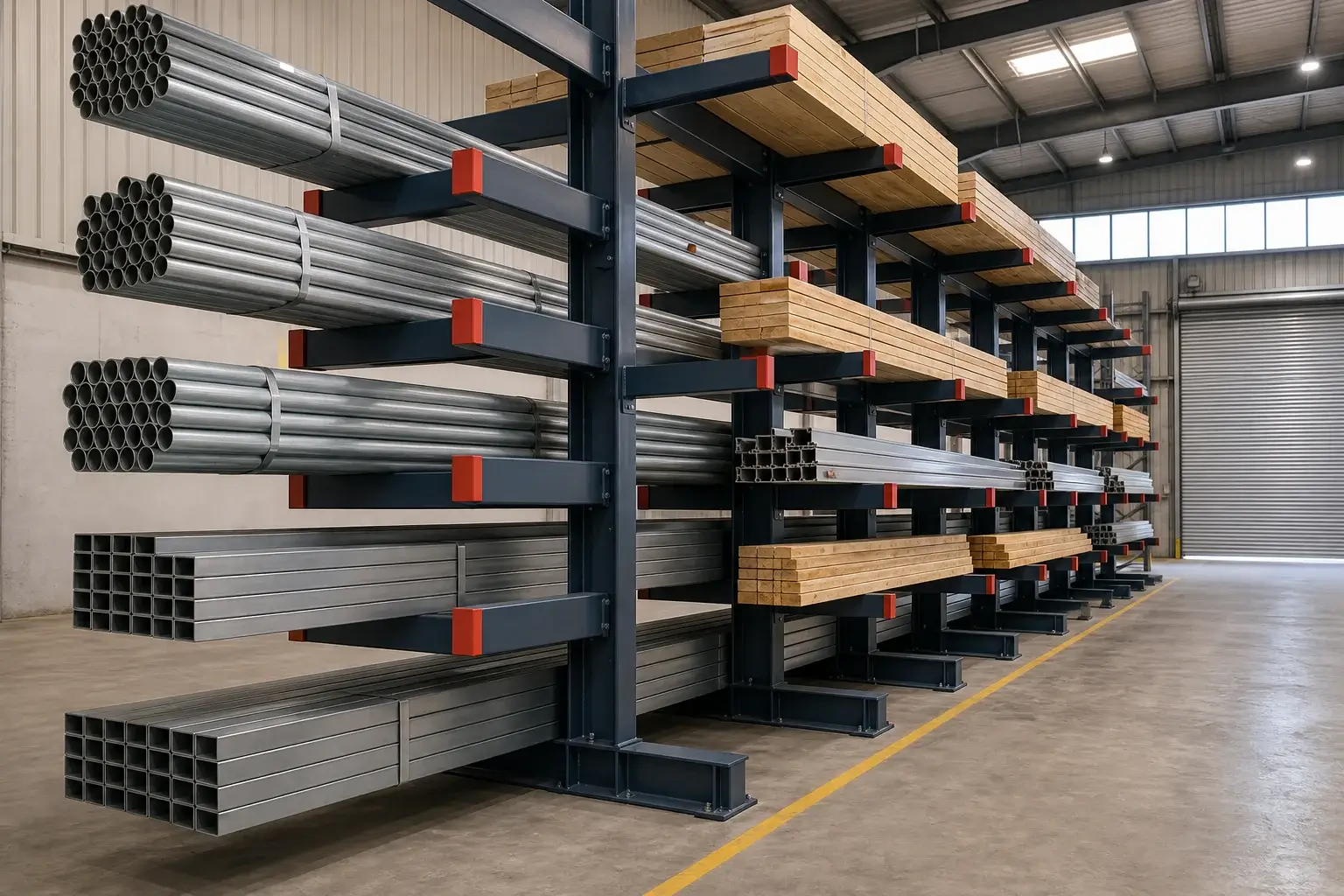 Double sided cantilever racking with 600 mm arms storing steel pipe and timber lengths in a stockyard aisle