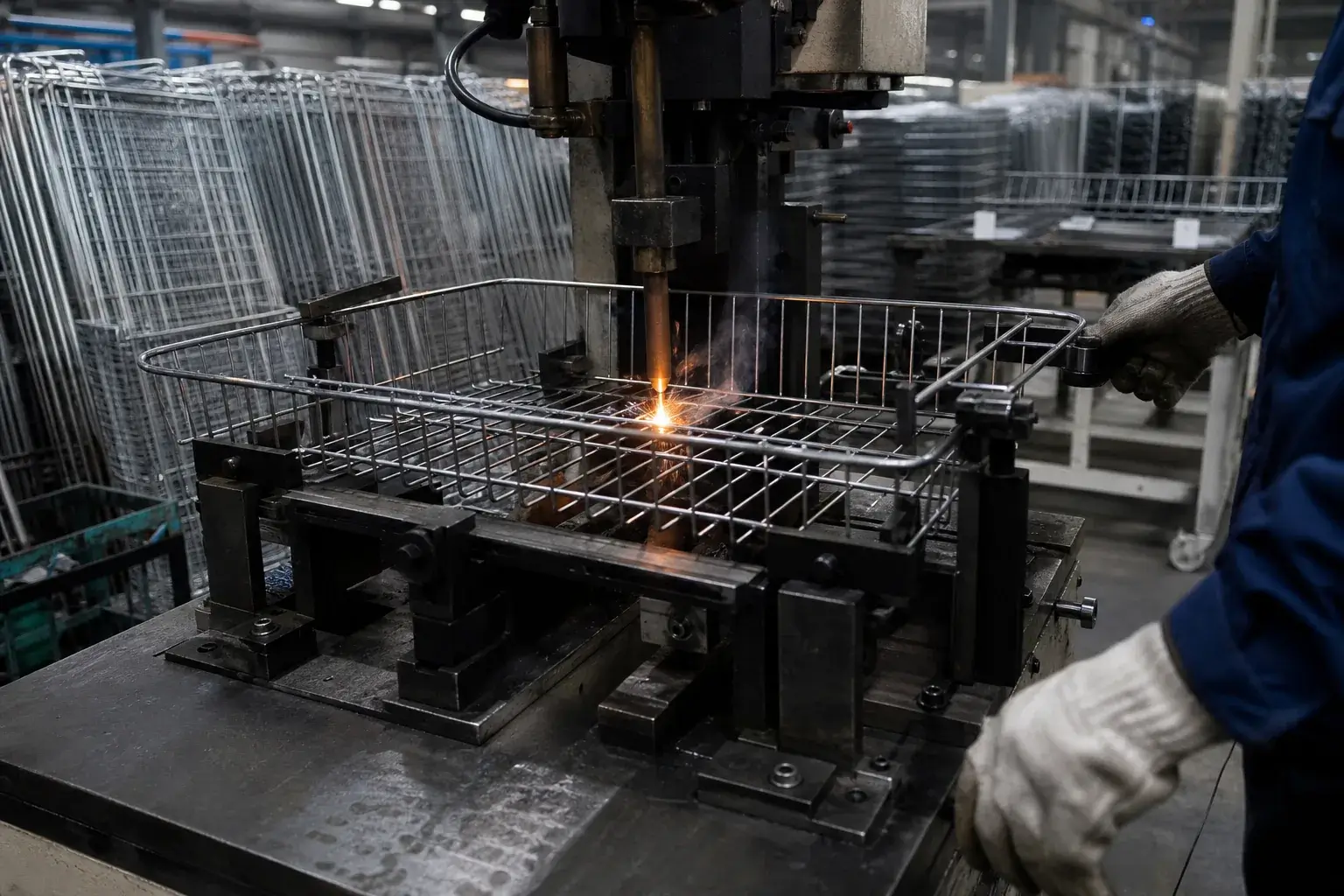 Wire basket frames being resistance welded on the shopping trolley production line at the JinTa plant in Changshu