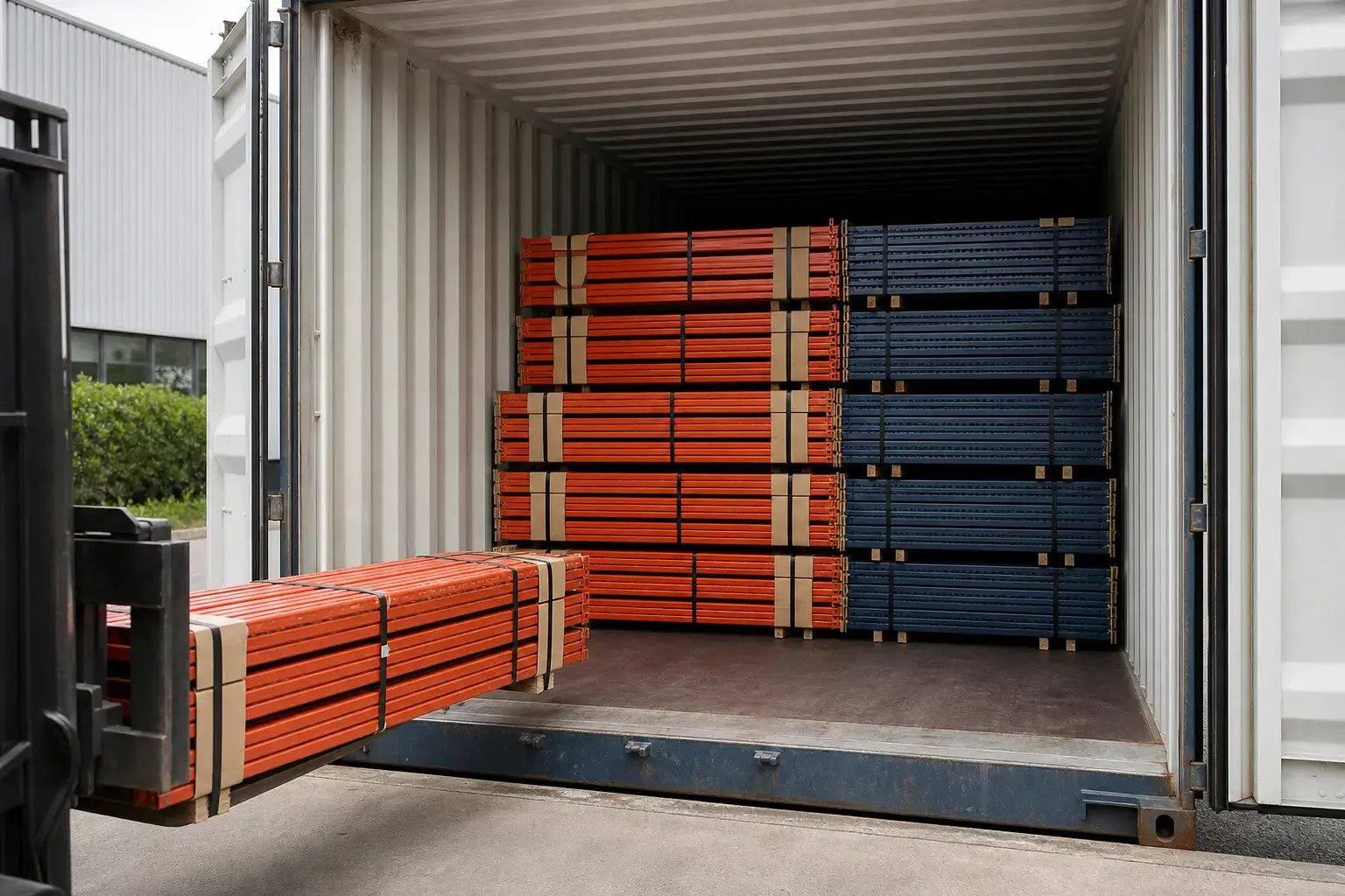 Knocked down pallet racking uprights and beams bundled and strapped being loaded into a 40 ft high cube container