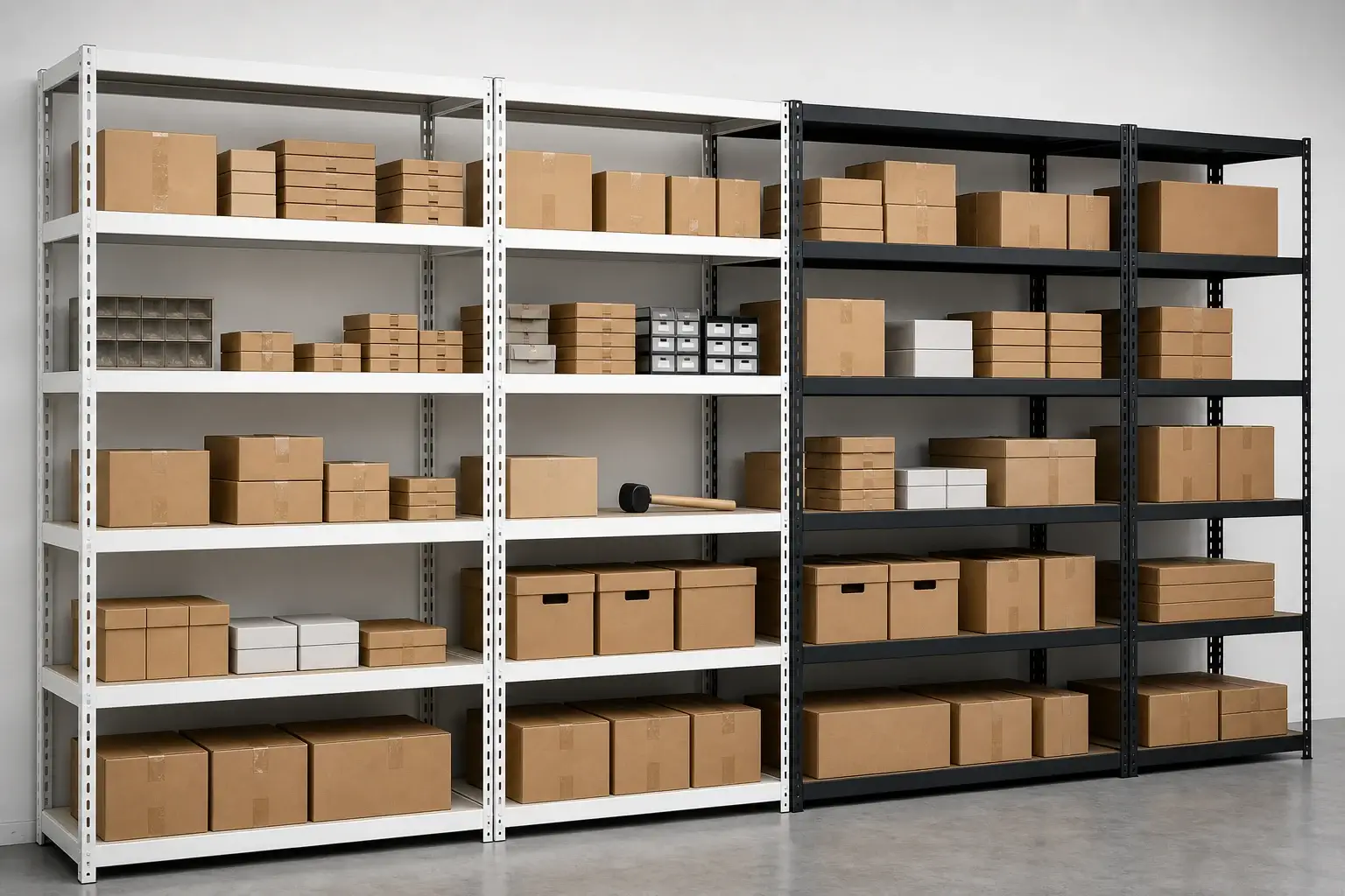 Boltless rivet shelving bays 900 by 300 by 1830 mm with four and five tiers holding cartons in a warehouse stock room