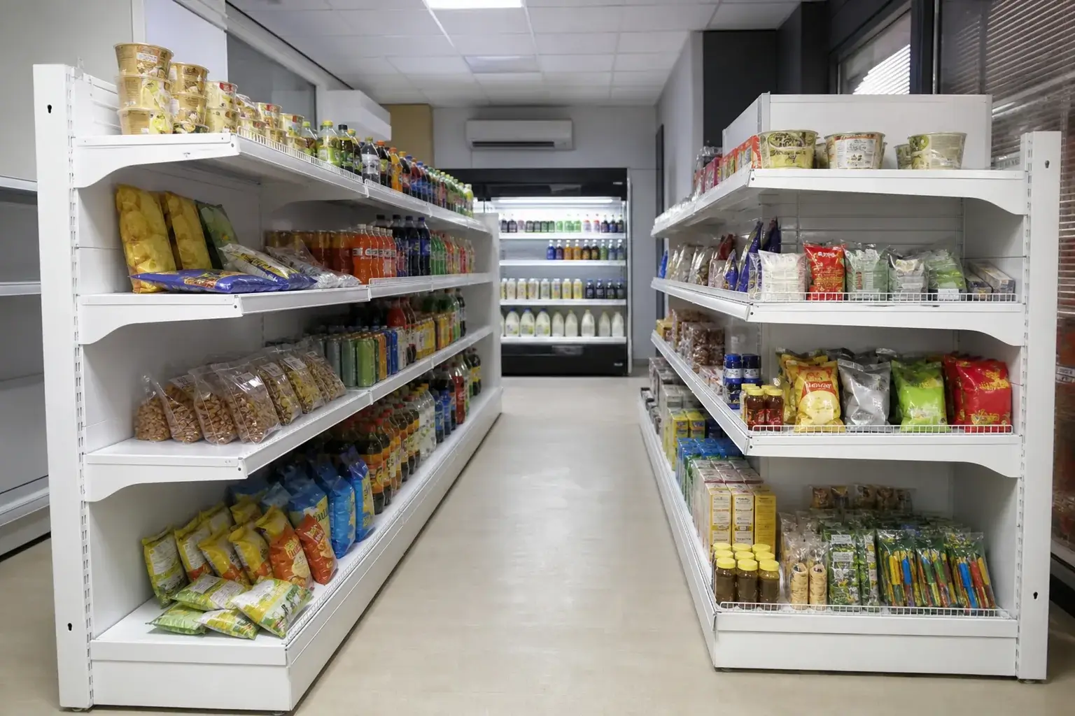 Shorter gondola shelving bays in a convenience store with narrow aisles, four shelf tiers and shallow shelf depths suited to small packaged goods