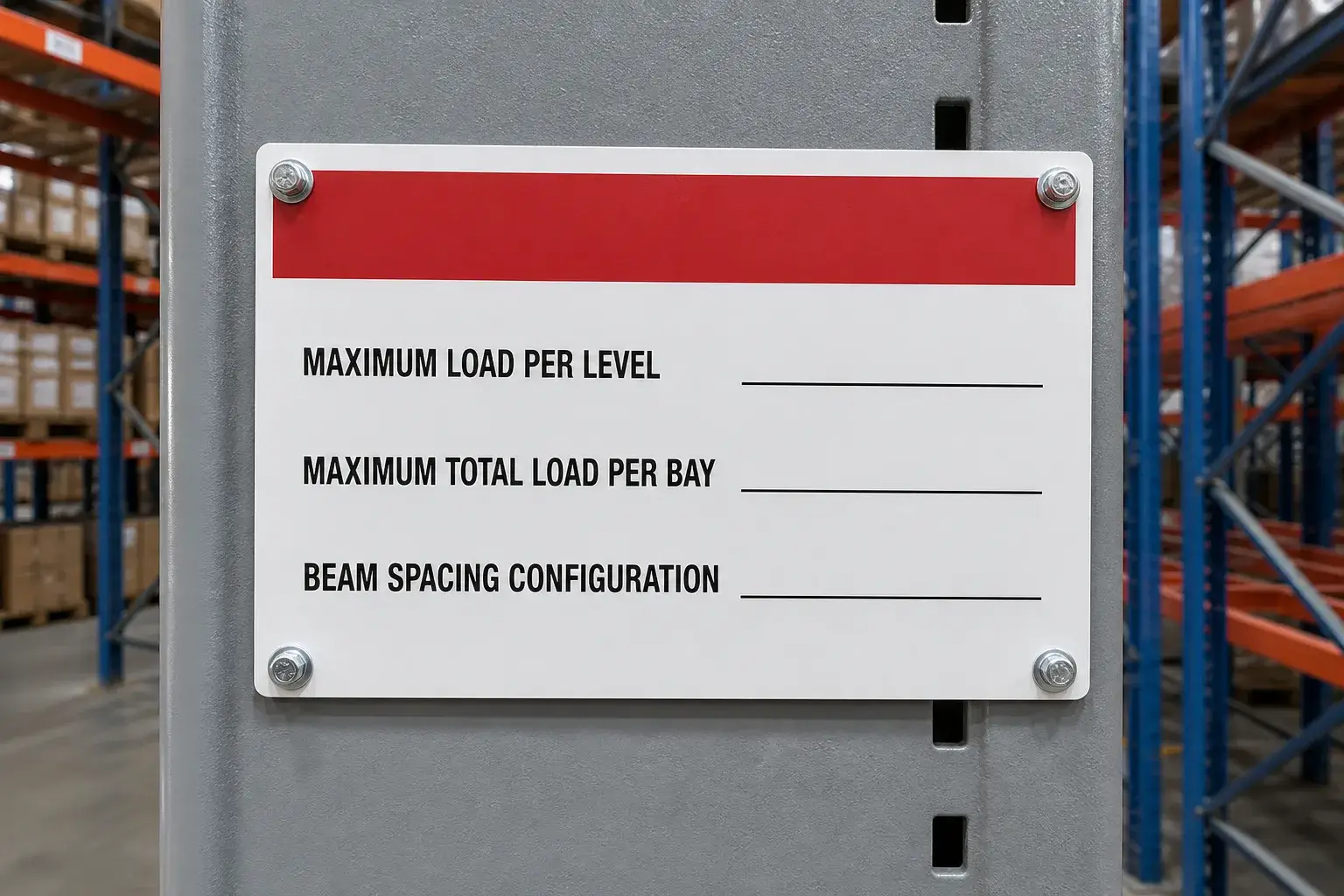 Rack capacity load plaque sign fixed to an upright frame stating maximum load per level and maximum total bay load