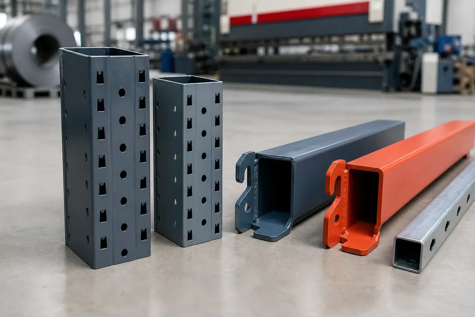 Close up of cold rolled steel racking components showing 80 by 60 mm and 90 by 70 mm uprights with punched holes and 100 by 50 mm beams with hook connectors