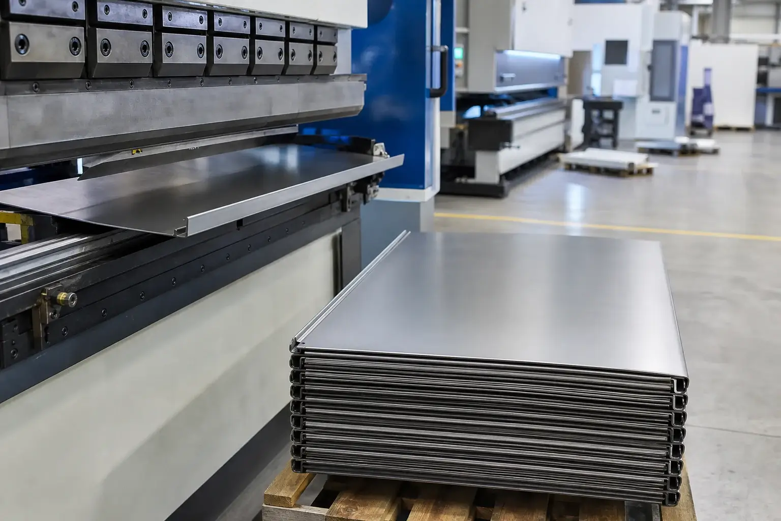 Cold rolled steel shelf panels being formed on a press brake in a shelving factory before powder coating, showing consistent panel gauge