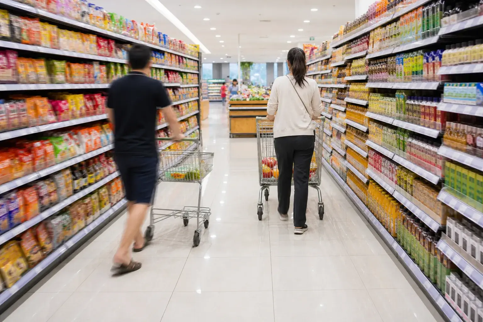 Shoppers using correctly sized metal supermarket trolleys in a grocery store aisle